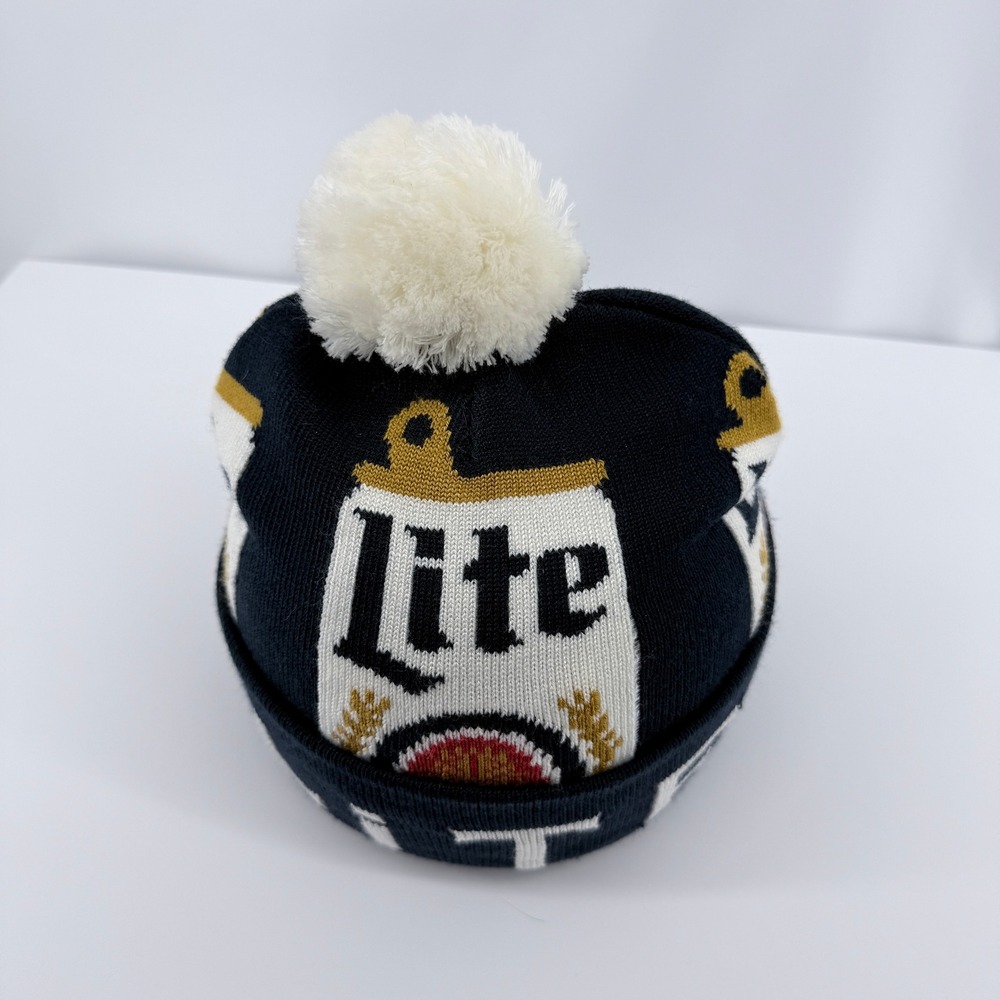 Miller Lite Beanie Mens OSFM Navy Blue Acrylic Pom Pom Knit Beer Graphic Hat - Picture 2 of 12